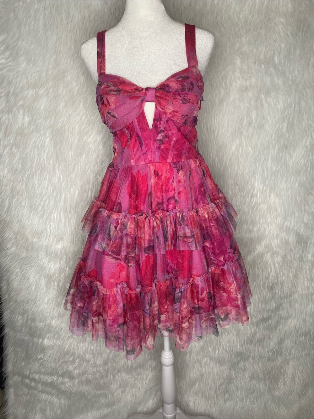 Floral Pink Tiered Mesh Mini Dress with Bow Front